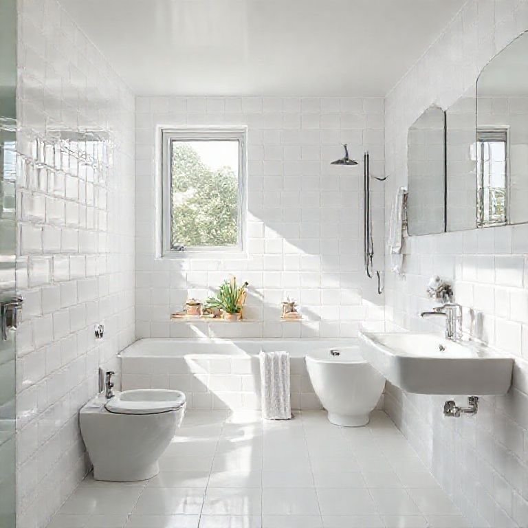 Banheiro moderno com acessórios de cerâmica fáceis de limpar.