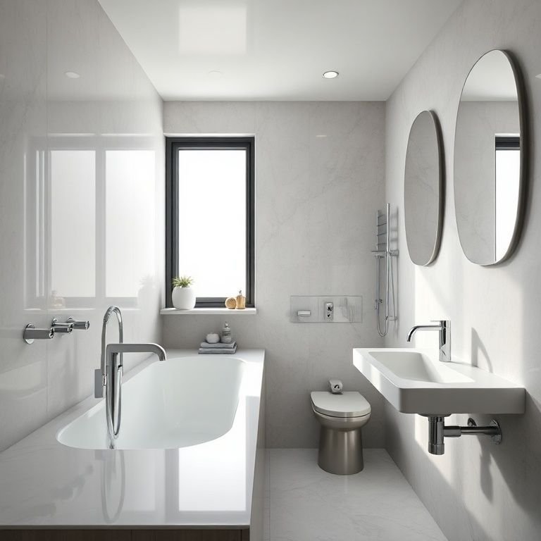 Banheiro moderno com acessórios de metal diversos.