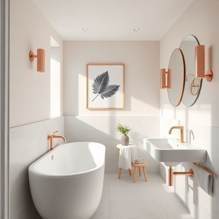 Banheiro moderno com acessórios rosê gold.