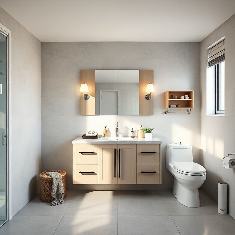 Banheiro moderno com bancada pronta de linhas retas e iluminação clara.