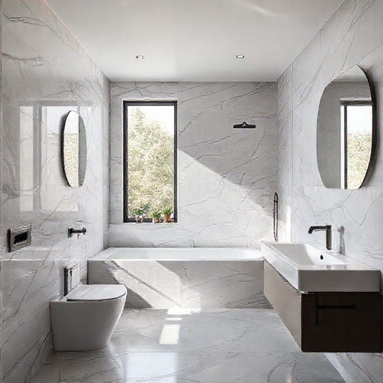 Banheiro moderno com ladrilho hidráulico e design clean.