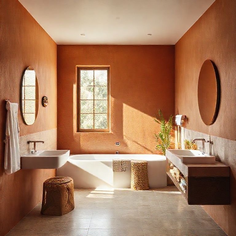 Banheiro moderno com paredes de terracota e iluminação natural.