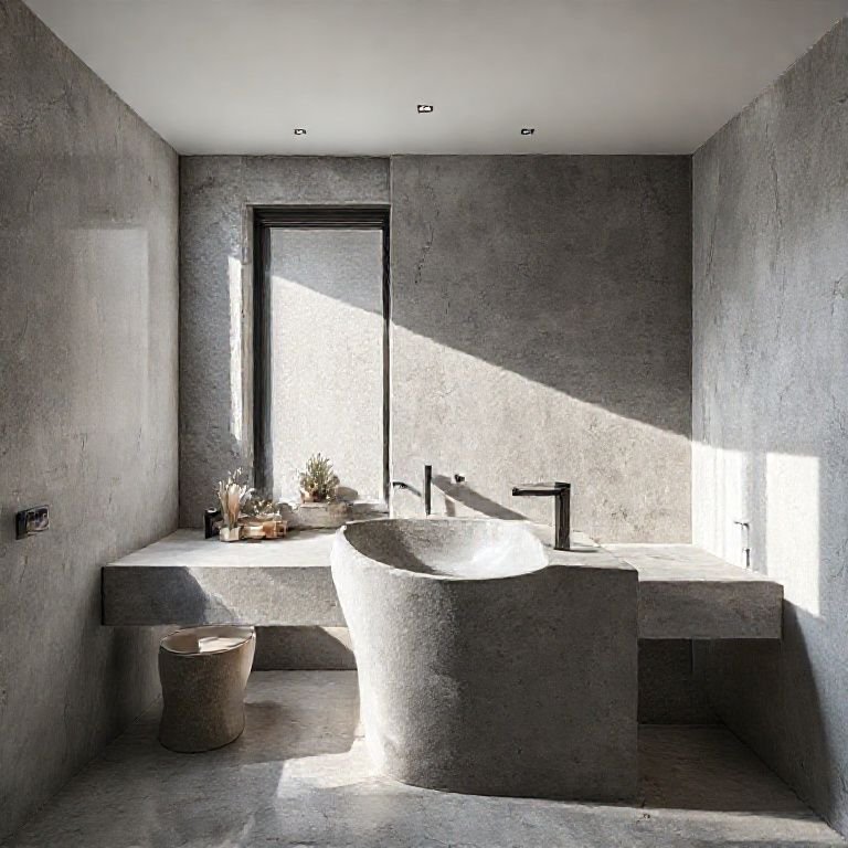 Banheiro moderno com pia esculpida com rampa.