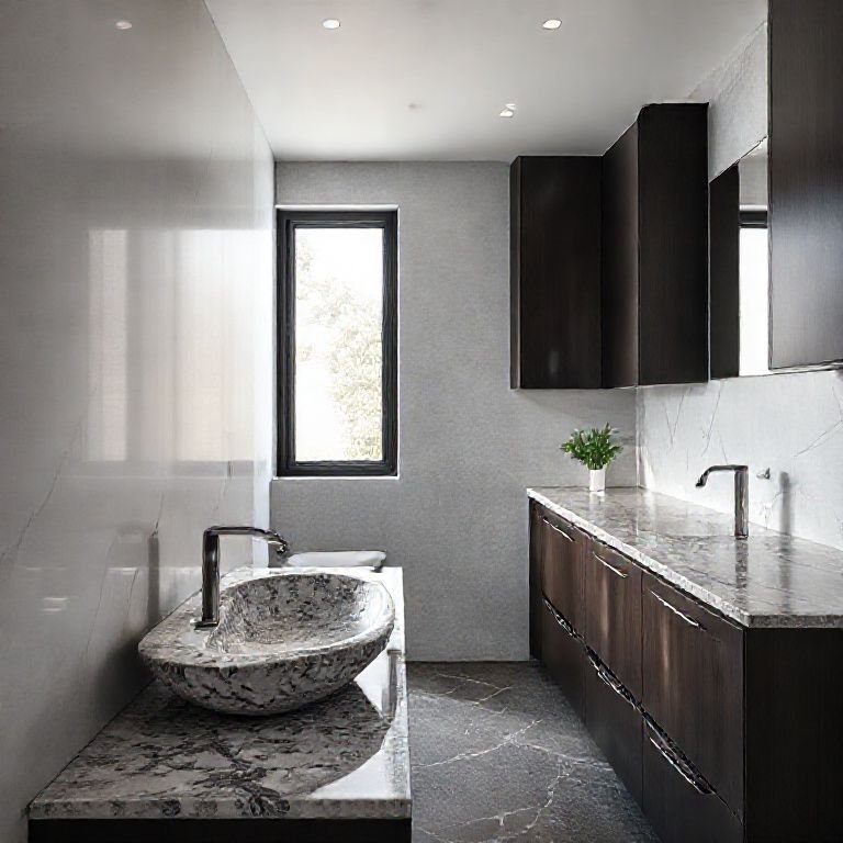 Banheiro moderno com pia esculpida em granito.