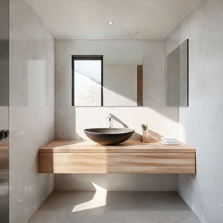 Banheiro moderno com pia esculpida suspensa.