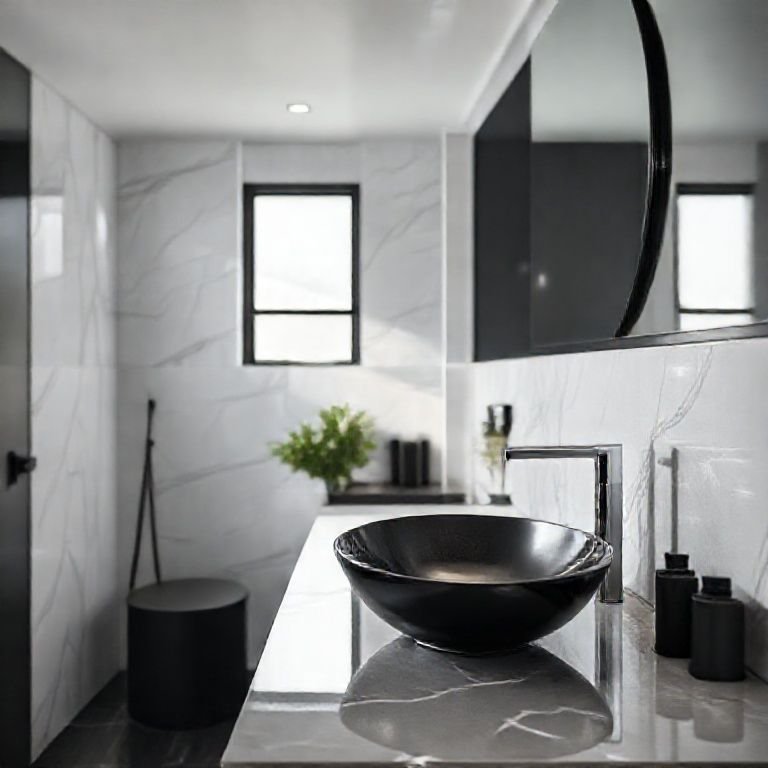 Banheiro moderno com torneira e pia de design apurado.