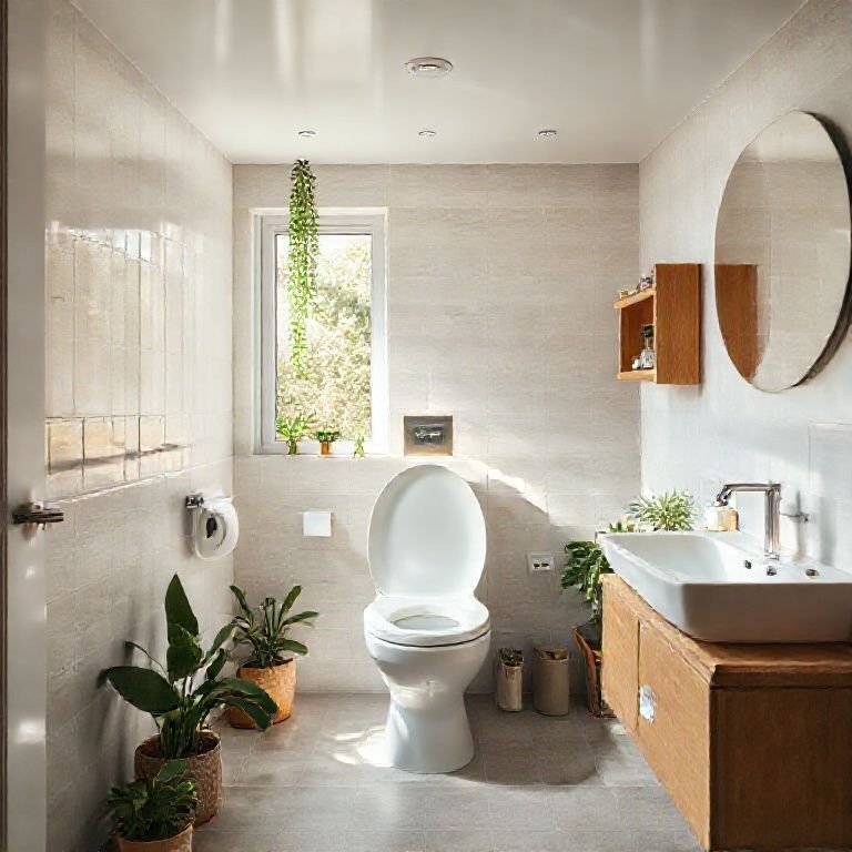Banheiro moderno com vaso sanitário seco compostável, iluminação natural e plantas.