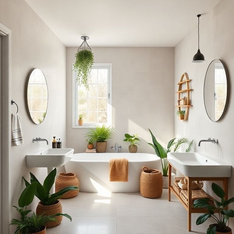 Banheiro moderno e simples com cores neutras e iluminação natural.