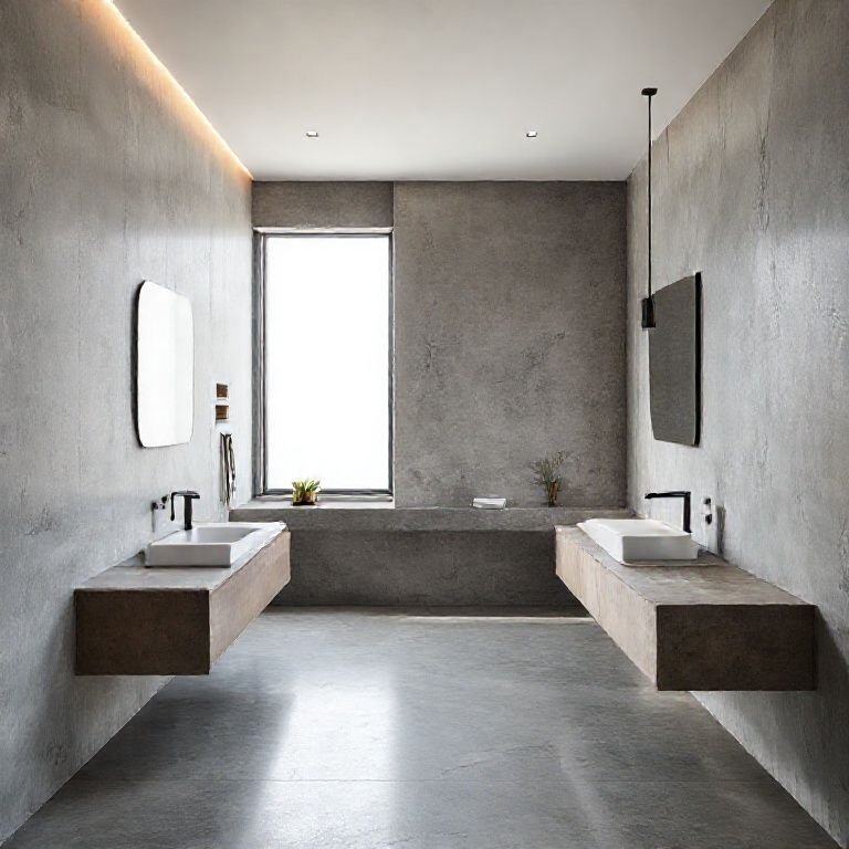 Banheiro moderno minimalista com linhas limpas e concreto aparente.