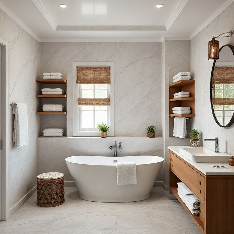 Banheiro organizado com nichos e prateleiras embutidas.