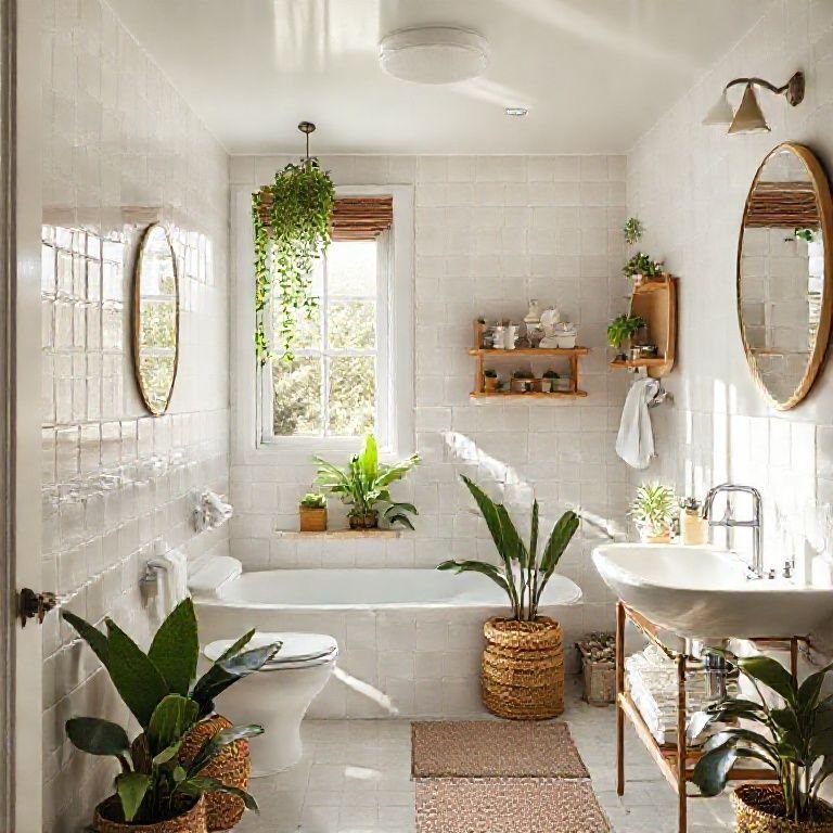 Banheiro organizado com utensílios práticos e decoração vibrante.