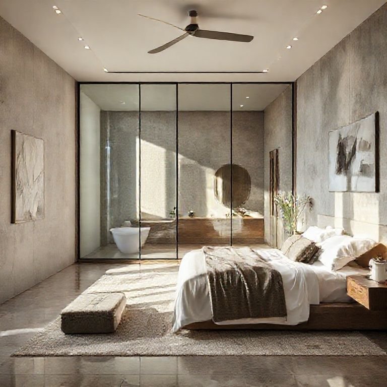 Banheiro parcialmente separado do quarto de casal com divisória de vidro.