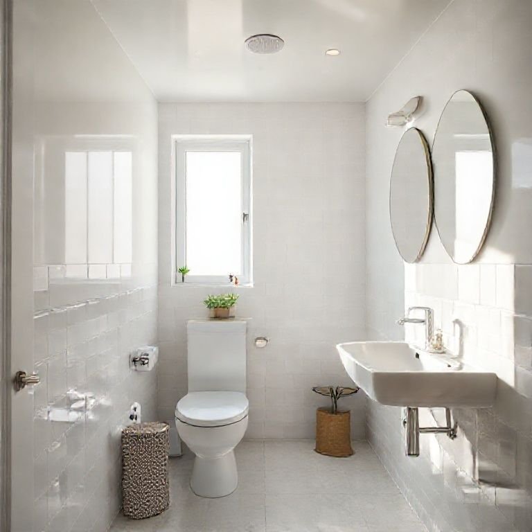 Banheiro pequeno com cores claras e iluminação estratégica.