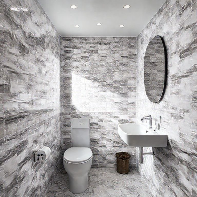 Banheiro pequeno com ladrilho hidráulico e espelho.