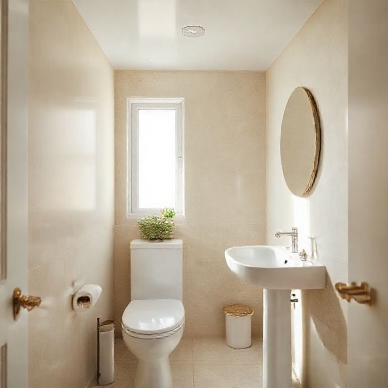 Banheiro pequeno com paredes claras criando uma sensação de amplitude e luminosidade.