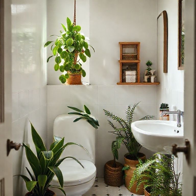 Banheiro pequeno com plantas em vasos adicionando frescor e cor.