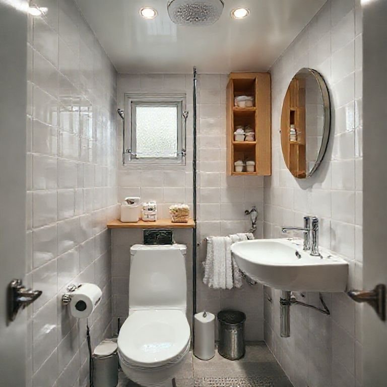 Banheiro pequeno com soluções inteligentes de armazenamento.