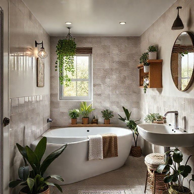 Banheiro pequeno e aconchegante com banheira e soluções inteligentes de armazenamento.