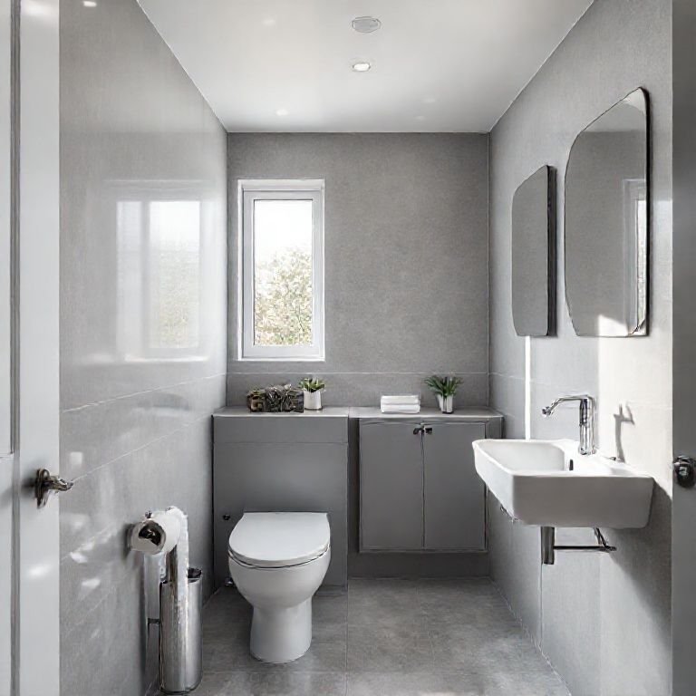 Banheiro pequeno em tons de cinza claro com soluções inteligentes.