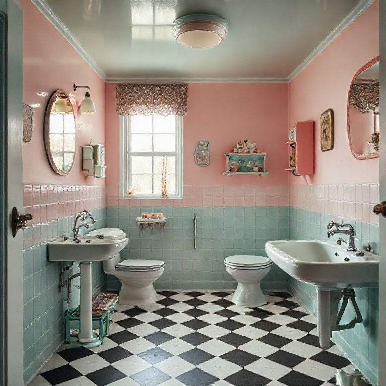 Banheiro retrô com cores pastel e piso quadriculado.