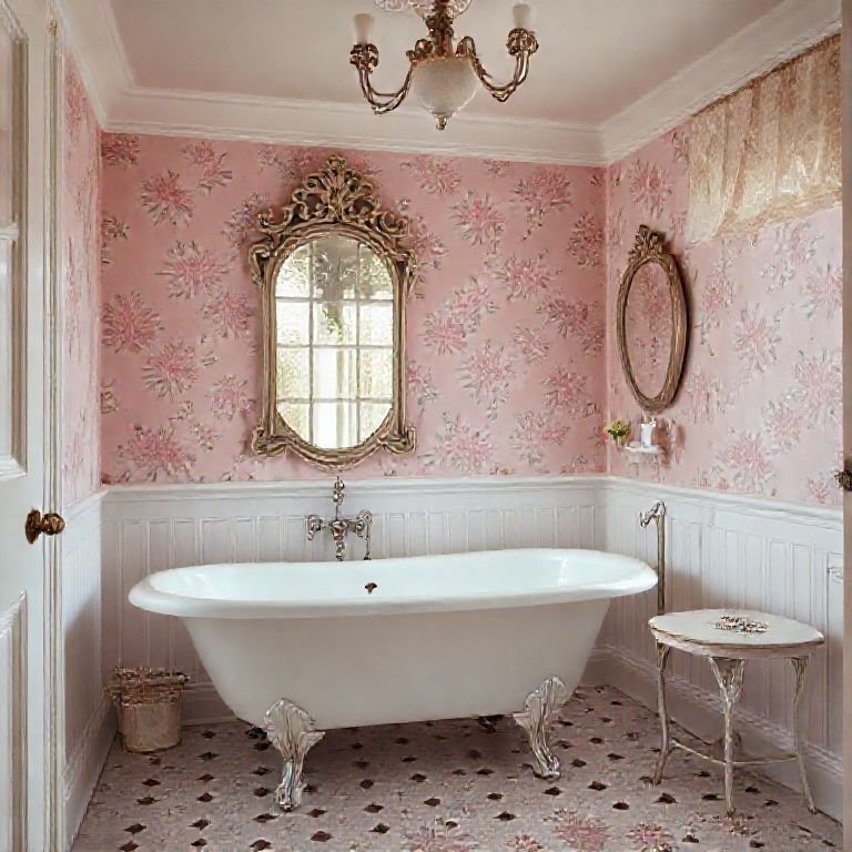 Banheiro romântico com paredes rosa e papel de parede floral.