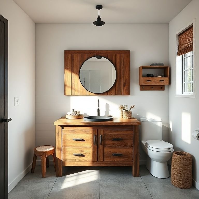 Banheiro rústico com bancada de madeira de demolição e decoração minimalista.