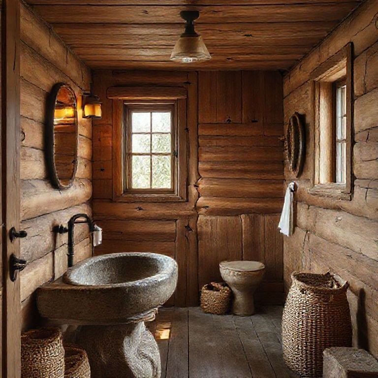 Banheiro rústico com paredes de madeira e pia de pedra.