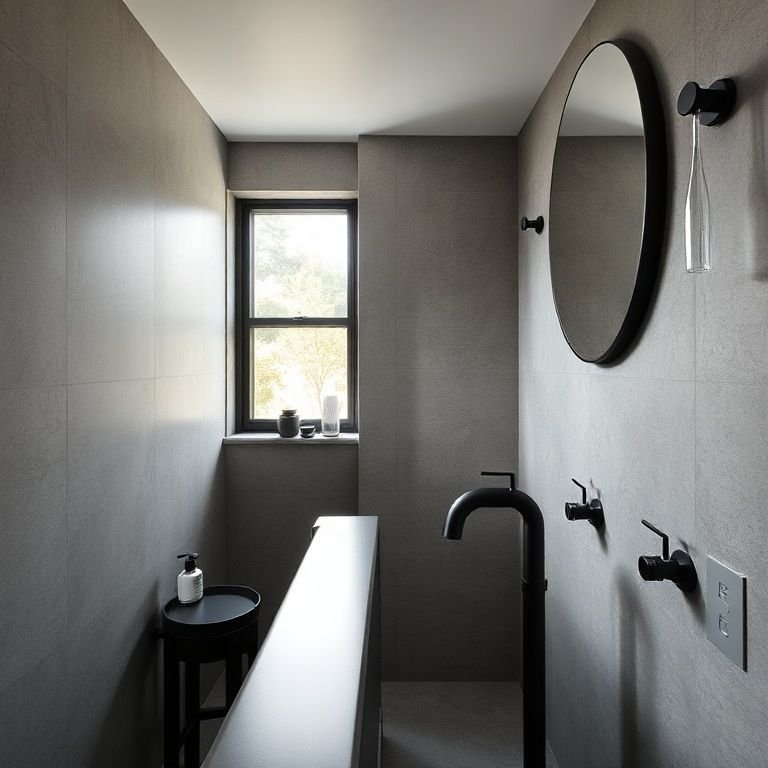 Banheiro sofisticado com acessórios pretos foscos.