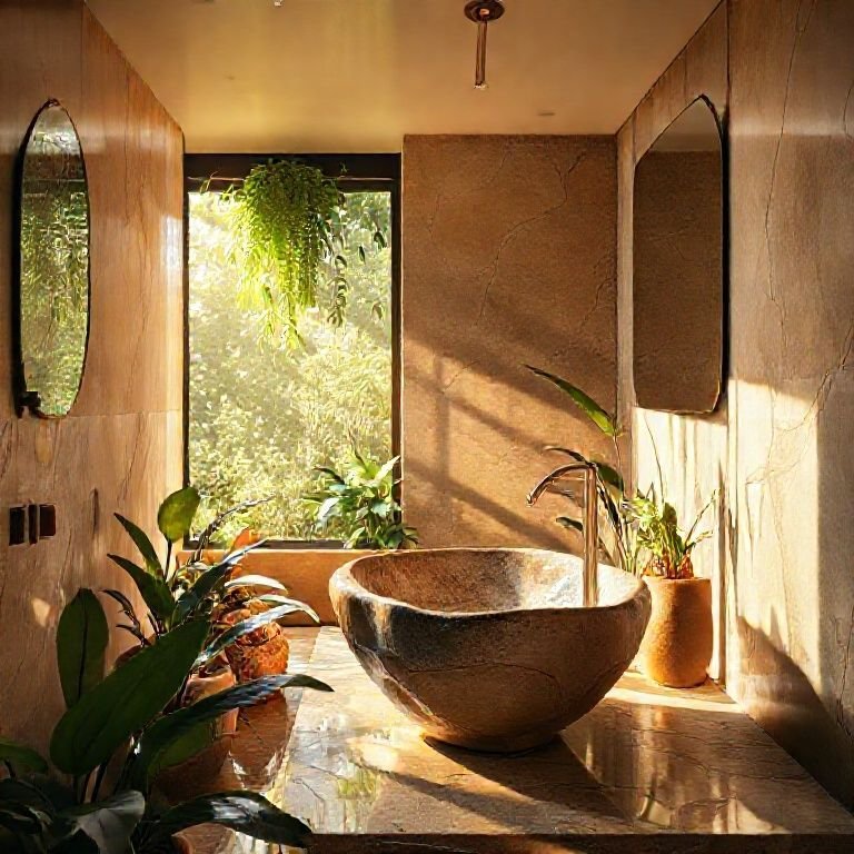 Banheiro sofisticado com pia esculpida e decoração vibrante.