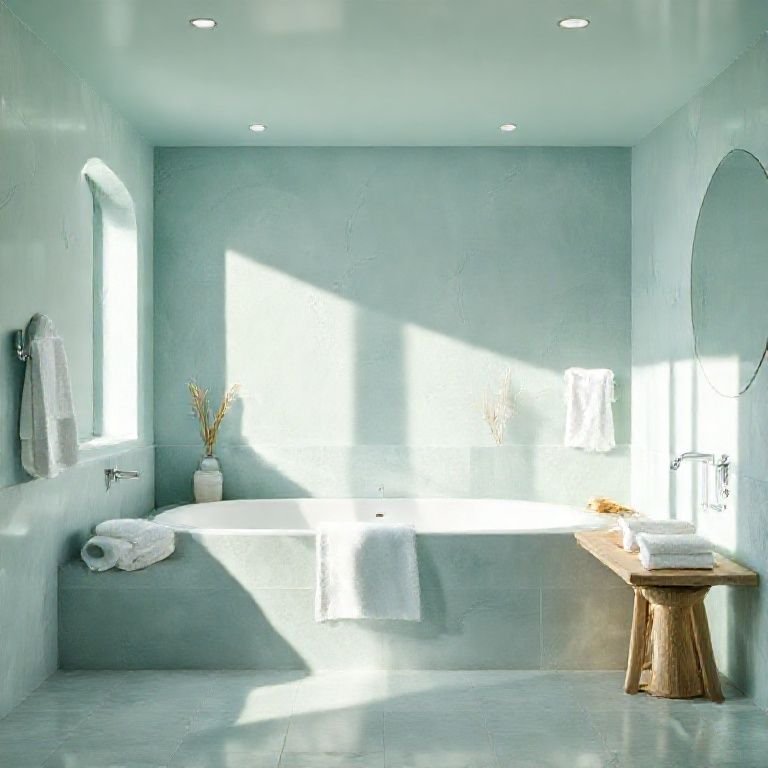 Banheiro spa com cores relaxantes azul e verde.