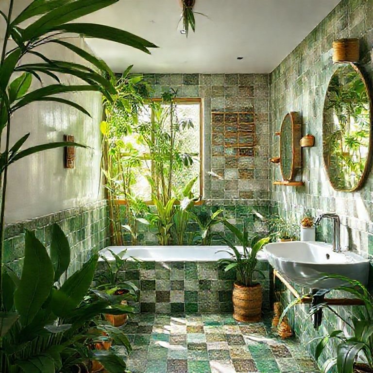 Banheiro tropical com plantas verdes e azulejos coloridos.