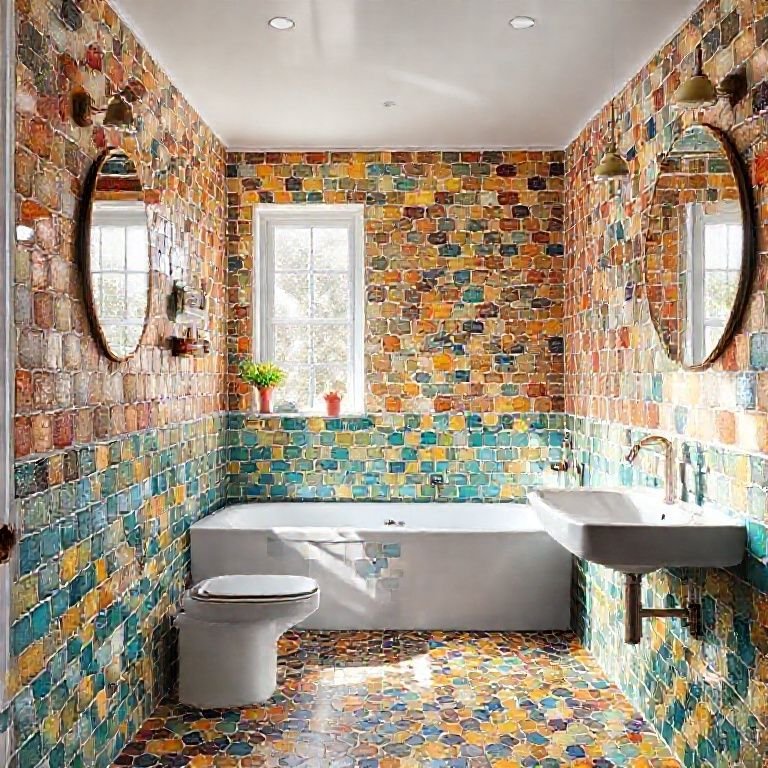 Banheiro vibrante com ladrilho hidráulico colorido.