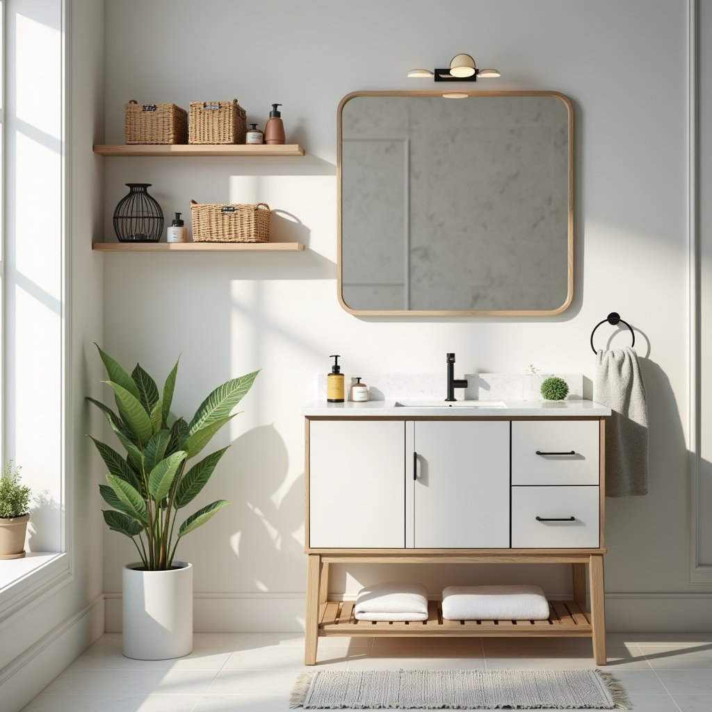 Aparador de banheiro com prateleiras abertas e cestos organizadores.