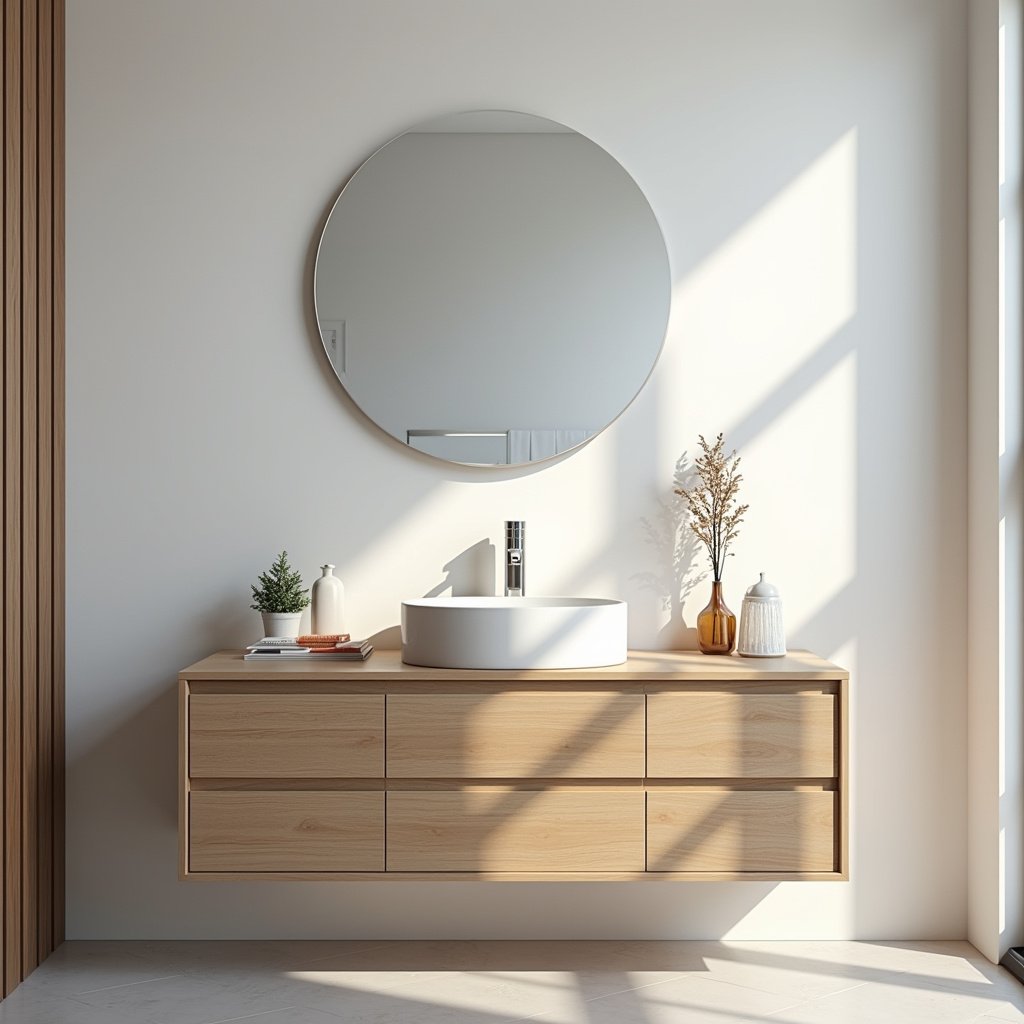 Aparador com pia de apoio e design moderno para banheiro.