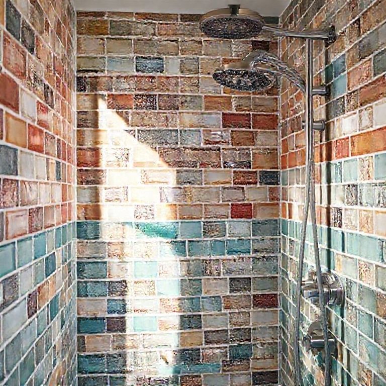 Box de banheiro com ladrilho hidráulico colorido.