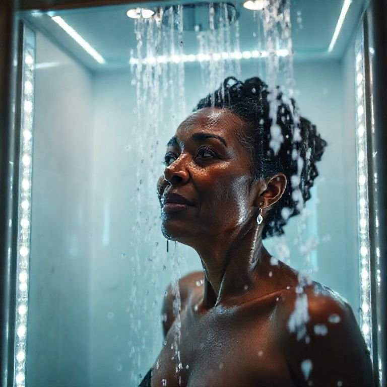 Box de banheiro moderno com fitas de LED à prova d'água, iluminando uma mulher.