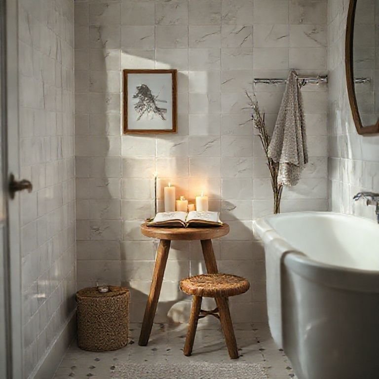 Cantinho relaxante no banheiro com banquinho, velas e livro.