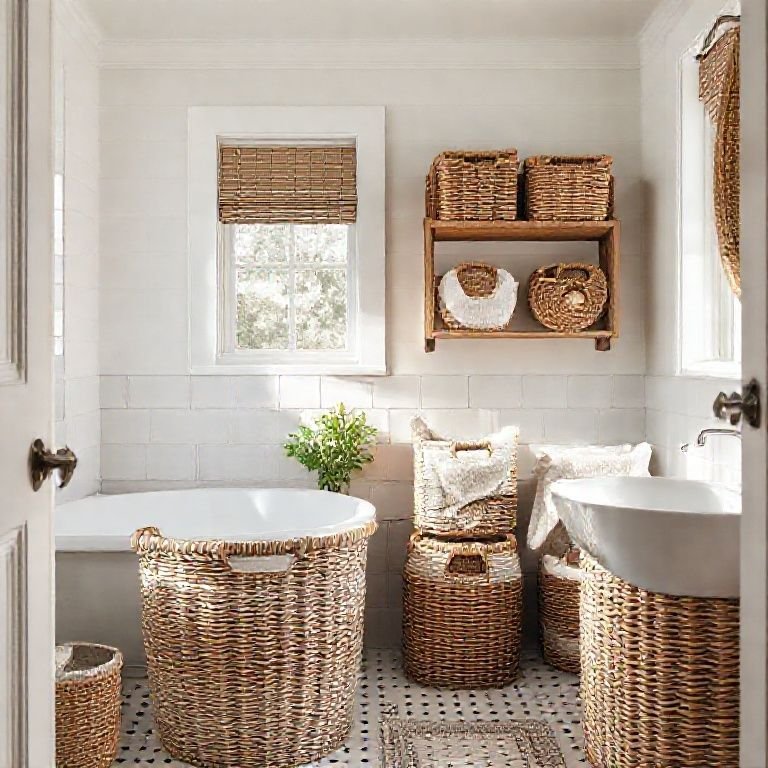 Cestas de vime e tecido para armazenamento em um banheiro chique.