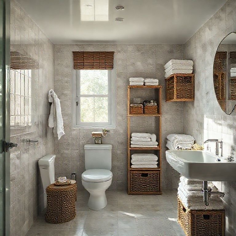 Cestos e caixas organizando o banheiro com muito estilo.