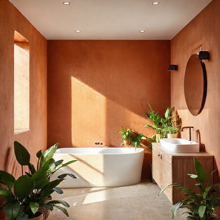 Combinação de cores e materiais com terracota em banheiro.