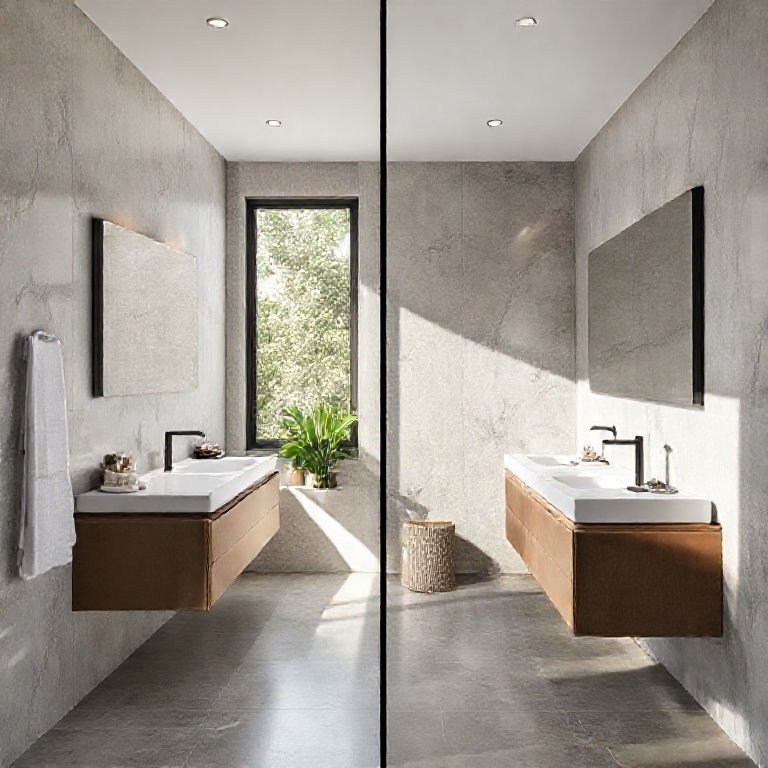 Comparativo entre balcão suspenso e com base em banheiro moderno com decoração brasileira.