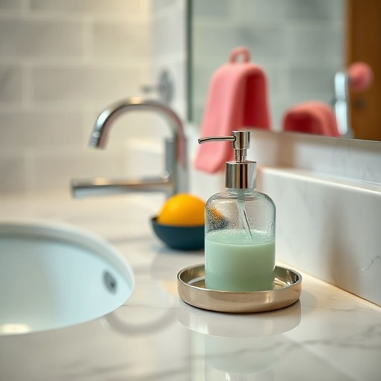 Detalhe de acessórios de banheiro novos e estilosos sobre uma bancada limpa.