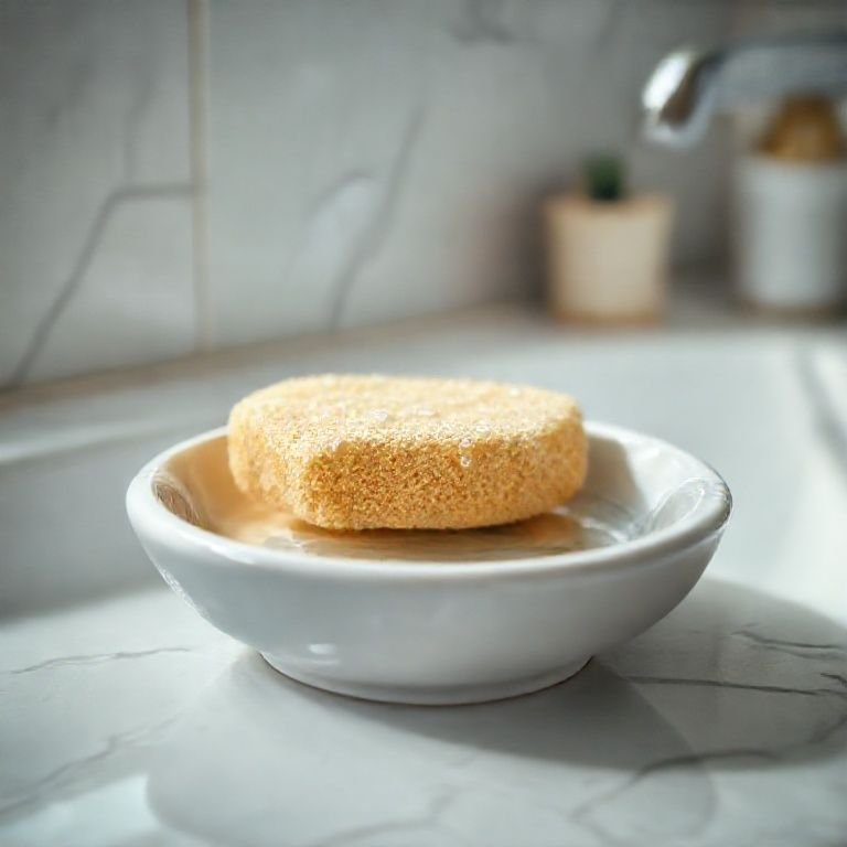 Detalhe de saboneteira de cerâmica com esponja molhada, destacando sua durabilidade.