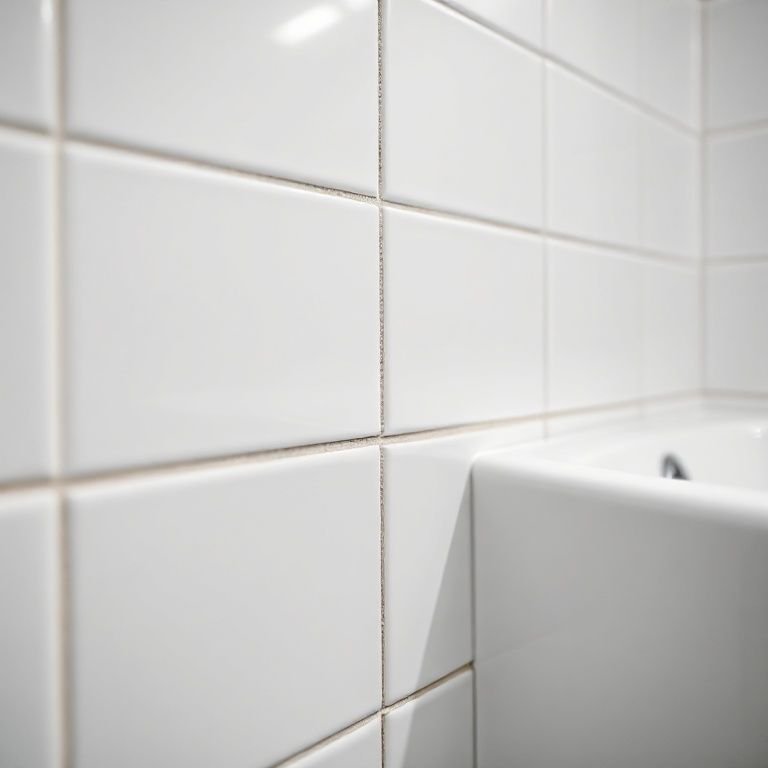 Detalhe do rejunte do banheiro recém-limpo, fazendo os azulejos parecerem novos.