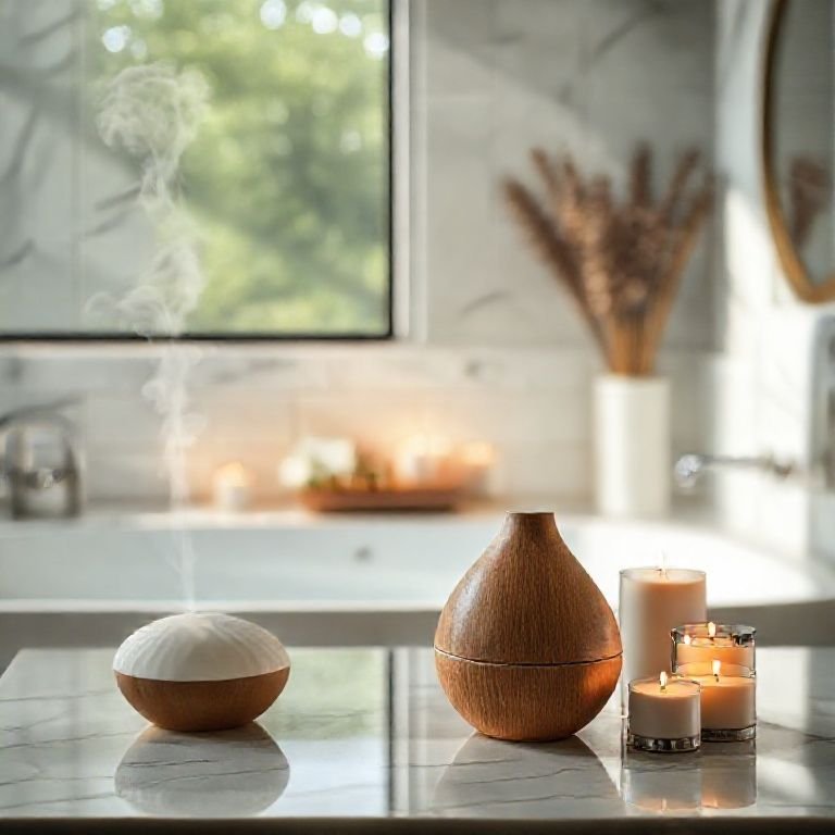 Difusores de aroma e velas perfumadas em um banheiro relaxante.