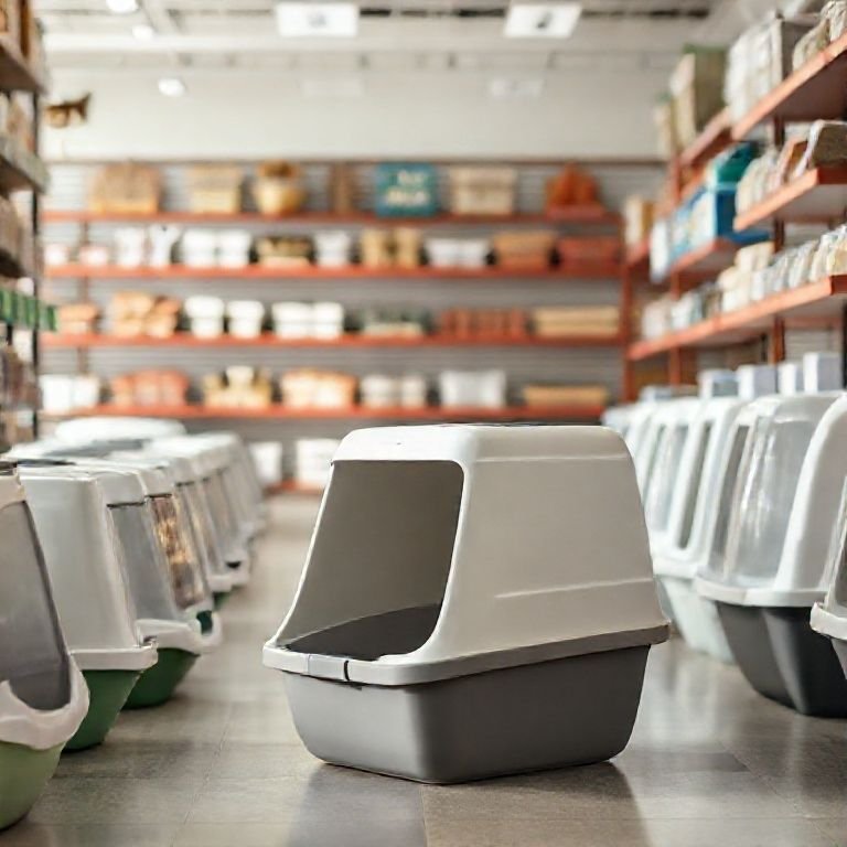 Diversos modelos de caixas de areia em loja de animais.