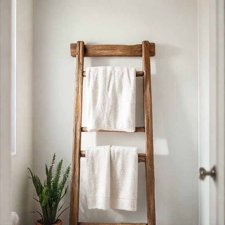 Escada reaproveitada como porta-toalhas em um banheiro com decoração DIY.