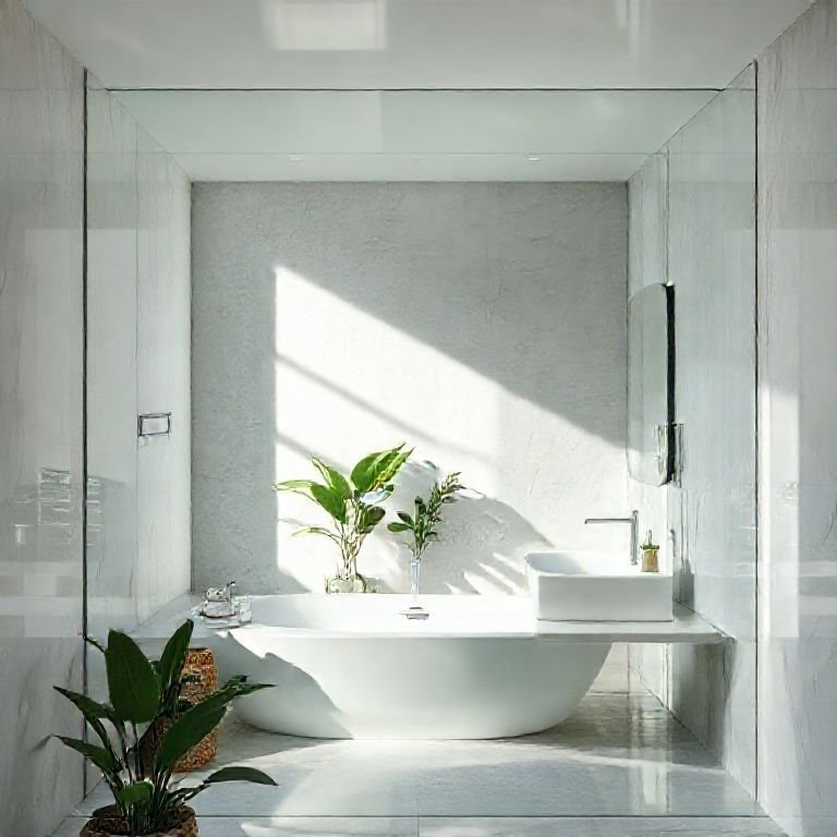 Espelho amplo refletindo banheiro minimalista iluminado.