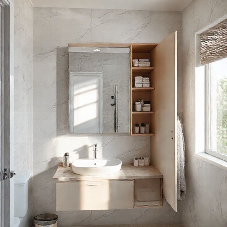 Espelho com armário otimizando o espaço no banheiro.