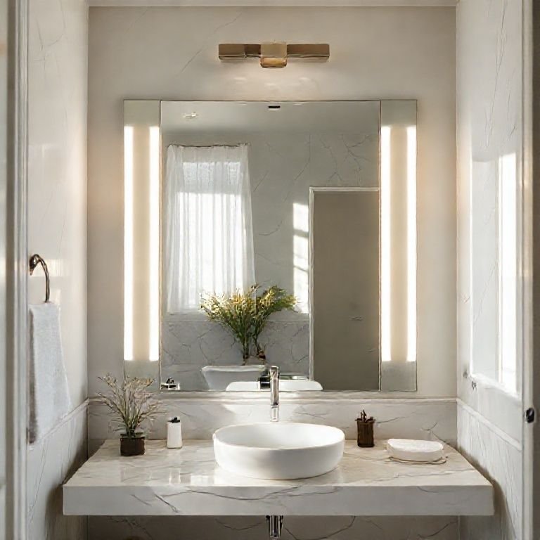 Espelho grande e iluminado em banheiro moderno.